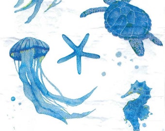 Decoupage Napkins Coastal Sea Horse Star Fish, Jelly Fish Turtle Pattern, Three Guest Towel Size Napkins on White Background