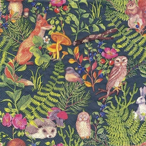 Fox in the Forest Decoupage Napkins Wildlife Fox Owls Hedgehog Squirrels on Green,  Includes Three Individual Luncheon Size Paper Napkins