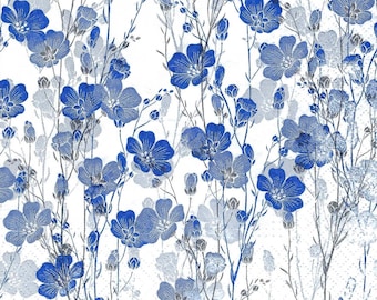 Puede incluir: Patrón sin costuras con elementos florales azules y grises sobre un fondo blanco. El diseño incluye ilustraciones detalladas de flores y tallos, creando un tema botánico. La paleta de colores es principalmente azul y gris.