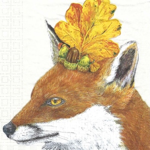 Pretty Red Fox Decoupage Napkins with Fall Leaves and Acorns in His Ears, Includes Three Luncheon Size Premium Quality Paper Napkins
