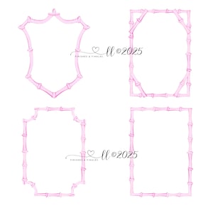 May include: Four pink watercolor frames in different shapes, resembling bamboo. The frames are arranged on a white background. The text "ll ©2025 FINISHES & FINALES" is written in cursive. The frames are a light pink color.