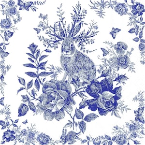 May include: A blue and white illustration of a rabbit with antlers, surrounded by roses and other floral elements. The rabbit is sitting on a branch with its head turned to the side. The background is white.