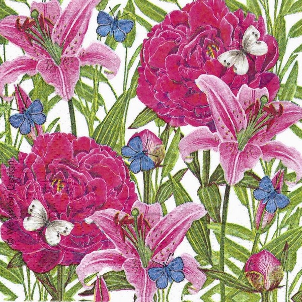 Decoupage Napkins Peonies and Lillies Pattern in Pinks and Greens, Package of Three Individual Premium Quality Cocktail Size Paper Napkins