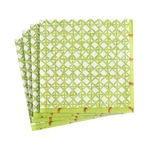 May include: A stack of square paper napkins with a white background and a lime green lattice pattern. The napkins have a decorative border with a brown design. The napkins are stacked on top of each other.