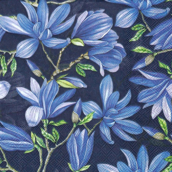 Blue and White Magnolia Decoupage Napkins in an Allover Print on Navy, Three Luncheon Size for Decoupage Scrapbooking Junk Journals
