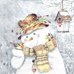 Decoupage Napkins Christmas Snowman with Little Bird Three Luncheon Size for Scrapbooking Journaling Card Making Altered Paper Arts