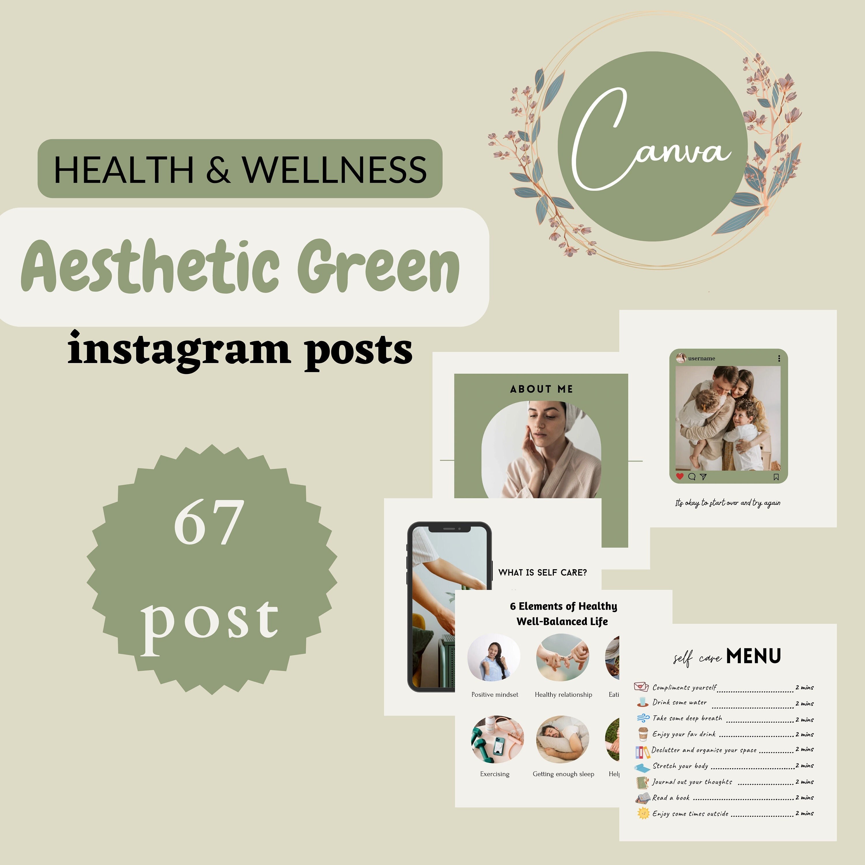 67 Green Aesthetic Health and Wellness Instagram Post Templates for ...