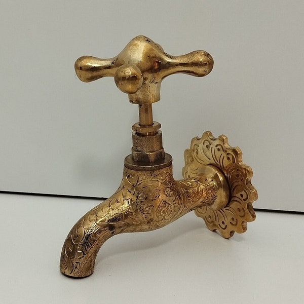 Engraved Small brass water tap vintage, bronze spigot, Morrocan Style