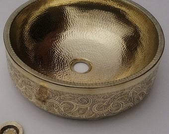 Hammered Brass Bathroom Sink: Antique Carved Basin, Handcrafted