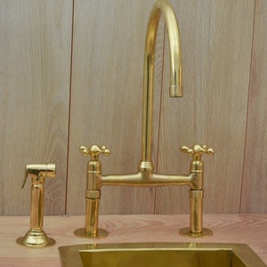 Unlacquered Brass Kitchen Faucet, Solid Brass 8&quot; Bridge faucet with Cross Handles and Straight Legs