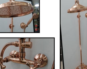 Handcrafted Red Brass Shower System: Wall Mount Faucet with Cross Knobs