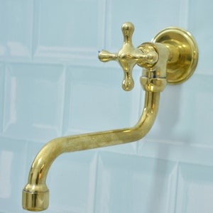 Unlacquered Brass Pot Filler Kitchen Faucet, Solid Brass Faucet with Cross Handle