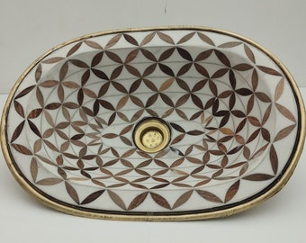 Brass and Wood Drop in Sink, Handcrafted Brass Oval Drop-in Bathroom Sink, Antique Powder Room Sink Oval Drop-in Bathroom Vanity Sink