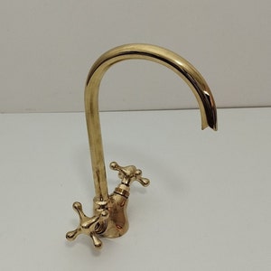 Unlacquered Brass Bathroom Faucet, Solid Brass Gooseneck Faucet For Sink, Moroccan Bathroom, Boho Sink Faucet
