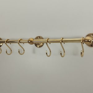 Solid Brass Pot and Pan shelf Rack organizer, Wall Mounted Brass Kitchen Rail with Hooks