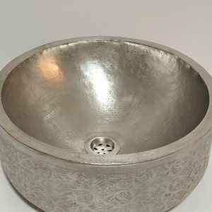 Matte Silver Coated Brass Bathroom Sink - Mid Century Silver Brass Vessel Sink - Hammered Vessel Sink - Bohemian Antique Etched