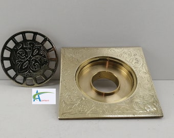Engraved Solid Brass Square Floor Drain: Antique Style