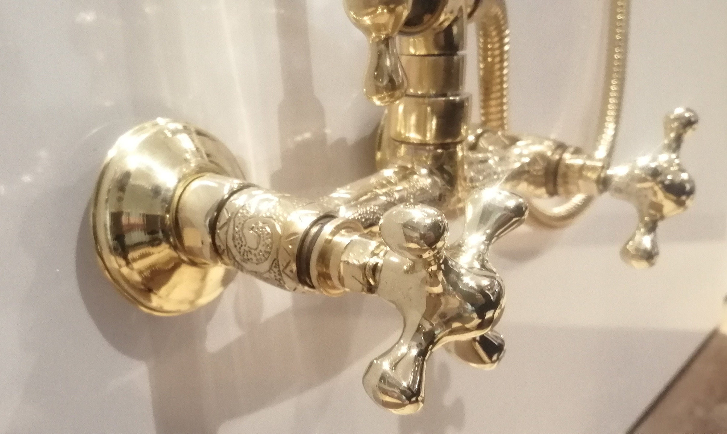 Handcrafted Unlacquered Brass Shower System: Cross Knobs, Round Shower Head