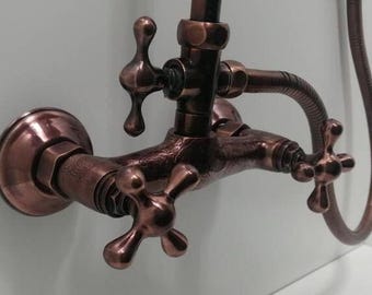 Hand Carved Copper Shower System: Rainforest Shower Head & Handheld Faucet