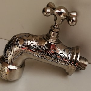 Engraved Solid Silver Bathroom Faucet, Bathroom Sink Faucet with Simple Cross Handles