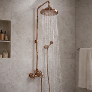 Sistema de ducha de latón rojo artesanal: grifo de pared con perillas en cruz