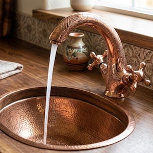 May include: A polished copper tap with intricate engraved patterns and two cross-shaped handles, paired with a matching round hammered copper sink. A steady stream of water flows from the tap into the basin, which is set into a wooden counter.