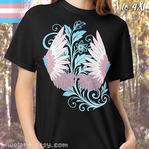 Subtle Trans T-shirt | Simple LGBTQ Pride Flag, Queer Transgender Pride Tee, Cute Pastel Goth, Angel Wings, Bird, Flowers | Heavyweight