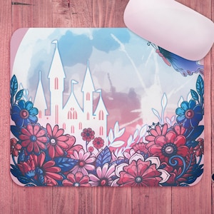 Subtle Trans Mouse Pad | Simple Cute LGBTQ Pride Mat, Transgender, Castle Flowers & Butterfly, Blue White Pink  | 8.7″ × 7.1″ (220 × 180 mm)