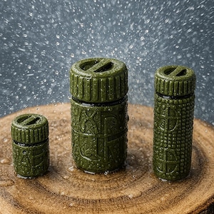 Op de afbeelding: Drie olijfgroene cilindrische containers met een textuur en schroefdeksels zijn gerangschikt op een houten oppervlak. De containers variëren in grootte, de grootste in het midden en de kleinste links. Waterdruppels zijn zichtbaar.