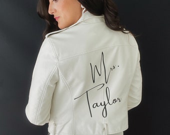 Custom White Leather Bride Jacket, Bride Leather Jacket, Custom Mrs Jacket, Mrs Leather Jacket, Personalized Leather Jacket for Brides