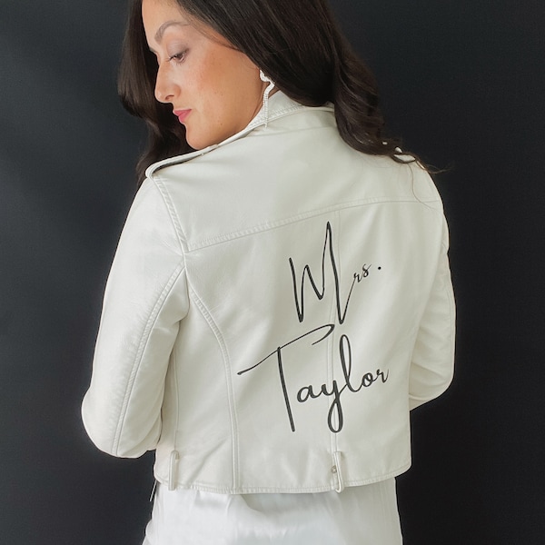 Custom White Leather Bride Jacket, Bride Leather Jacket, Custom Mrs Jacket, Mrs Leather Jacket, Personalized Leather Jacket for Brides