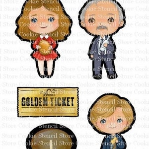 May include: A set of five cookie cutters featuring characters from the movie Willy Wonka and the Chocolate Factory. The cutters are in the shape of Willy Wonka, Charlie Bucket, Veruca Salt, Augustus Gloop, and a golden ticket.