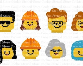 May include: Set of eight cookie cutters shaped like Lego minifigures. The minifigures have different hairstyles, facial expressions, and accessories, including sunglasses, a hard hat, and glasses.
