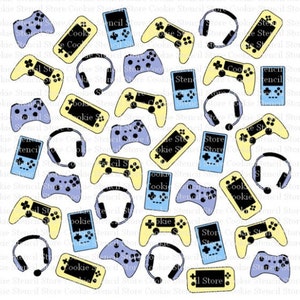 May include: A seamless pattern featuring various gaming-themed icons, including controllers, headphones, and handheld game consoles. The icons are in shades of blue, yellow, and black against a white background.