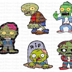 May include: Five cartoon zombie illustrations in various poses. The zombies are green with black outlines and have different facial expressions. One zombie is holding a tombstone with the word "RIP" on it.