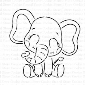 May include: A black and white line drawing of a cartoon elephant sitting with its trunk in its mouth. The elephant has large ears and a simple, cute expression.