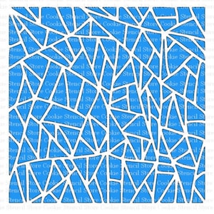 May include: A blue and white geometric pattern stencil. The stencil is made of a thin, white material and has a design of overlapping triangles and squares.