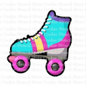 May include: A colorful roller skate with pink wheels and a blue, pink, yellow, and purple design.