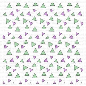 May include: A cookie stencil featuring a repeating pattern of green and purple triangles on a white background. The triangles are of varying sizes and orientations, creating a playful, geometric design. The stencil is designed for baking and decorating cookies.