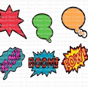 May include: Six different comic book style speech bubbles with various colors and text. The text includes "WOOSH!" in pink, "BOOM!" in red, and "POW!" in yellow.