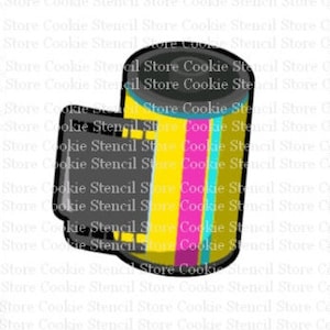 May include: A black and yellow cookie cutter shaped like a roll of film. The film is striped with pink, blue, and yellow.
