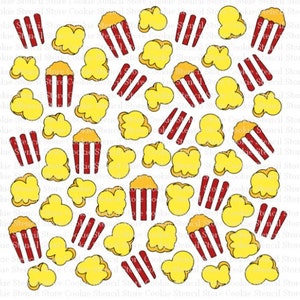 May include: A seamless pattern featuring yellow popcorn and red and white striped popcorn buckets. The pattern is perfect for use in crafting and decorating.