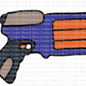 May include: A blue and orange toy gun with a black handle. The gun has a rectangular orange target with three orange stripes on it.