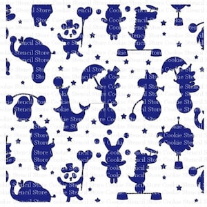 Puede incluir: Un diseño digital azul y blanco con una variedad de animales de circo realizando trucos. Los animales incluyen un panda, un elefante, un pingüino, un conejo, un dinosaurio y un oso. El diseño es perfecto para crear galletas, pasteles u otras manualidades personalizadas.
