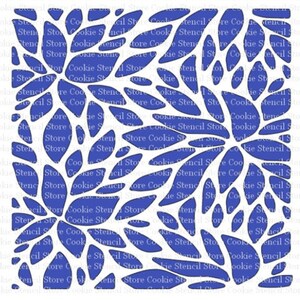 May include: A white square cookie stencil with a blue floral design. The design features a repeating pattern of leaves and flowers.