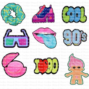 May include: Nine colorful cookie stencils featuring a scrunchie, a chunky platform shoe, the word "cool", a pair of 3D glasses, a pink tongue sticking out, the text "90's", a pink compact, the text "I love 100", and a pink troll doll.