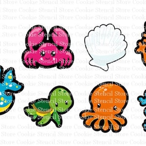 May include: Set of eight colorful cookie cutters shaped like sea creatures, including a crab, a seashell, coral, a fish, a turtle, an octopus, and a seahorse.