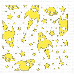 May include: A yellow and black cookie stencil with a repeating pattern of rockets, stars, and planets. The stencil is designed for decorating cookies with a space theme.