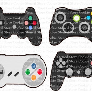 May include: Four different black and gray video game controller cookie cutters. The top left and bottom right cutters are for Xbox controllers. The top right and bottom left cutters are for Playstation controllers.