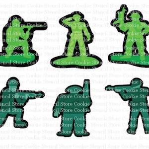 May include: Six green plastic toy soldier cookie cutters. The cutters are in various poses, including standing, kneeling, and aiming a gun. The cutters are outlined in black.